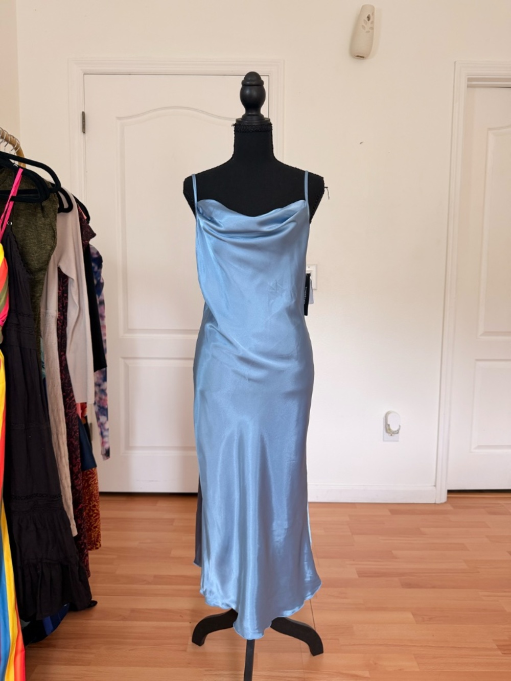 Made in USA Bebe Polyester Cowl Neck Slip Dress Size S NWT Denim Blue Satin